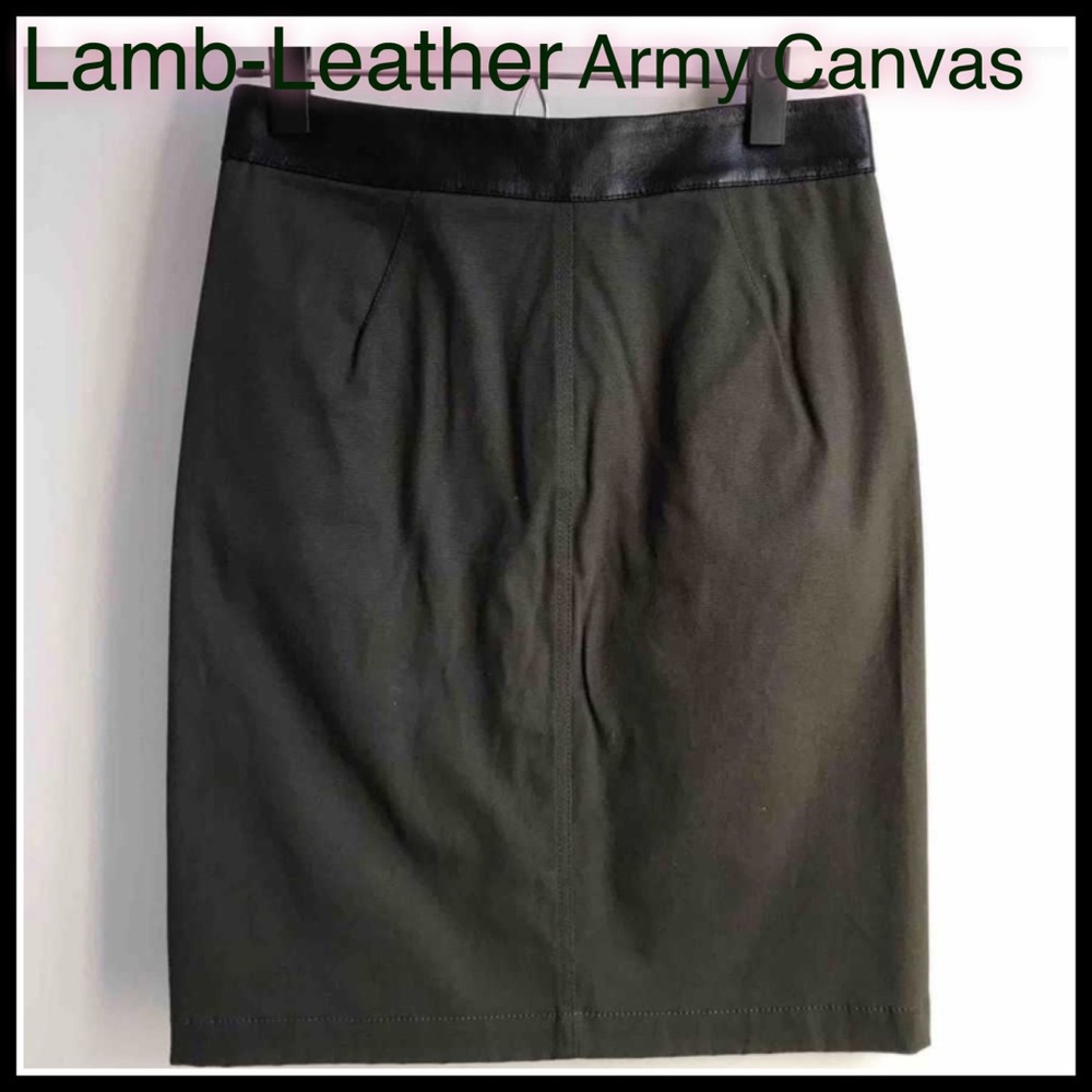 MW Lambskin Leather Army Green Canvas MIDI Skirt - Picture 8 of 11